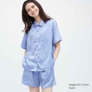 Uniqlo Satin Printed Pajamas (Short Sleeve) Women's Loungewear Blue | VHYFJX234