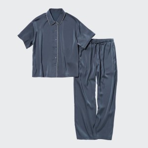 Uniqlo Satin Short Sleeved Women's Loungewear Blue | ABKURC148