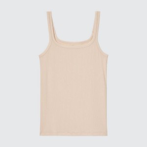 Uniqlo Silk Blend Airism Ribbed Sleeveless Women's Tops Beige | RXHVEC086