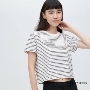 Uniqlo Slub Jersey Cropped Striped Short Sleeved Women's T Shirts White / Black | OWYJUG602