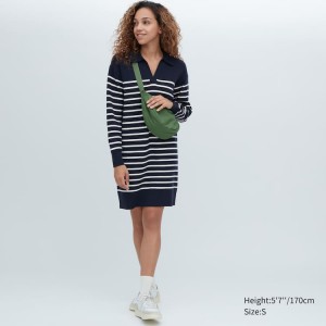 Uniqlo Smooth Cotton Knit Striped Long Sleeved Women's Knitwear Navy | UPGZTS908