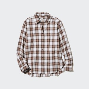 Uniqlo Soft Brushed Checked Long Sleeved Women's Shirts Brown | ACRGFK387