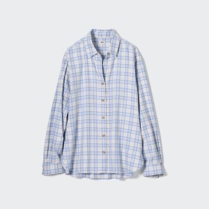 Uniqlo Soft Brushed Checked Long Sleeved Women's Shirts Light Blue | CKZJBA974