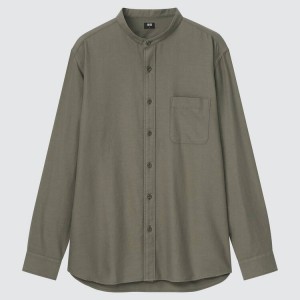 Uniqlo Soft Twill Regular Fit (Grandad Collar) Men's Shirts Olive | AOPYSJ579