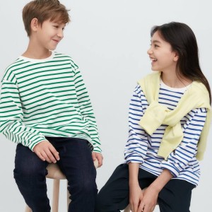 Uniqlo Striped Crew Neck Long Sleeved Kids' T Shirts Green | RENQUS015