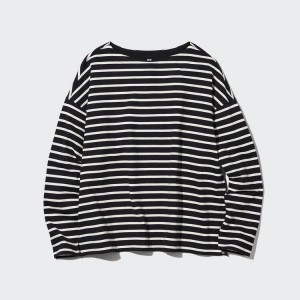 Uniqlo Striped Long Sleeved Women's T Shirts Black | ZQOVTX941