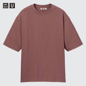 Uniqlo U Airism Cotton Crew Neck Oversized Men's T Shirts Burgundy | BMPUCQ910