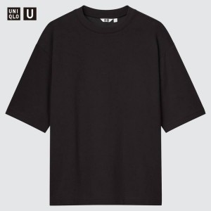 Uniqlo U Airism Cotton Oversized Crew Neck Men's T Shirts Black | JWNTKY201