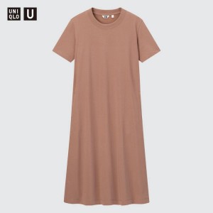 Uniqlo U Airism Cotton Short Sleeved Longline Flared Women's Dress Pink | PMUYXS516