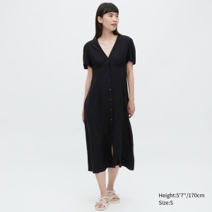 Uniqlo V Neck Short Sleeved Flared Women's Dress Black | KWJPFA170