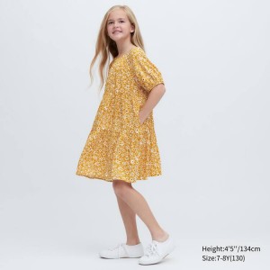 Uniqlo Viscose Flower Printed Short Sleeved Kids' Dress Yellow | QYFZVK837