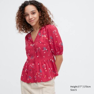 Uniqlo Viscose Lawn V Neck Printed Volume Sleeved Women's Blouse Red | WTMRFY187