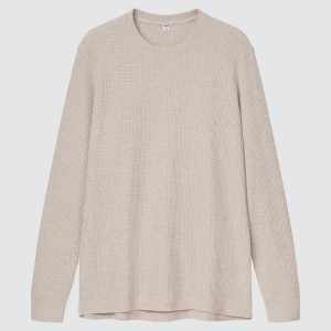 Uniqlo Waffle Crew Neck Long Sleeved (2021 Season) Men's T Shirts Beige | WVUGRZ187