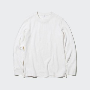 Uniqlo Waffle Crew Neck Long Sleeved Men's T Shirts White | GNOYAB890