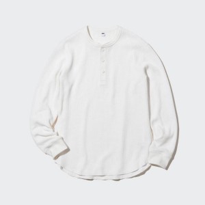 Uniqlo Waffle Henley Neck Long Sleeved Men's T Shirts White | NZXDKQ495