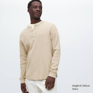 Uniqlo Waffle Henley Neck Long Sleeved Men's T Shirts Beige | IJPKSF289