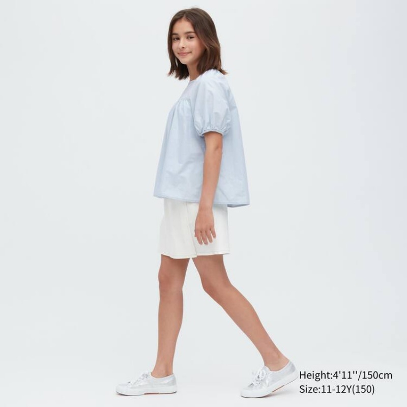 Uniqlo 100% Cotton Chambray Gathered Kids' Blouse Blue | XWGQFC086