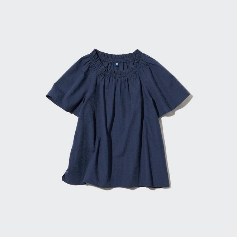 Uniqlo 100% Cotton Seersucker Short Sleeved Kids' Blouse Navy | NJYUOW726