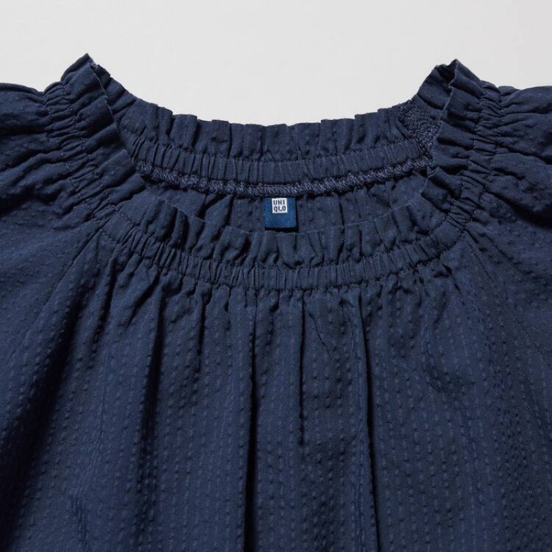 Uniqlo 100% Cotton Seersucker Short Sleeved Kids' Blouse Navy | NJYUOW726