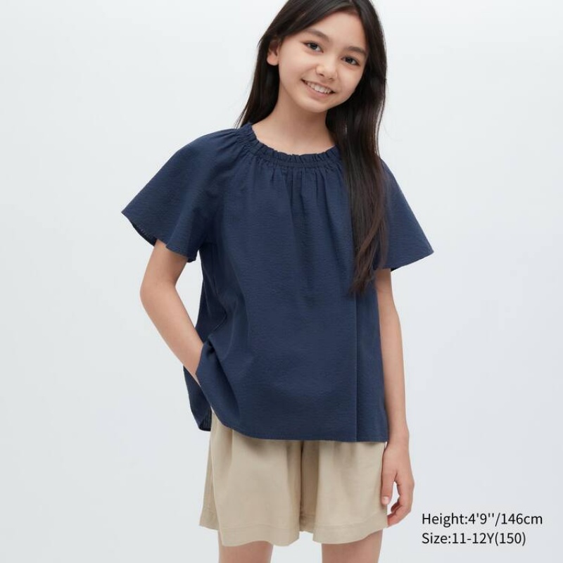 Uniqlo 100% Cotton Seersucker Short Sleeved Kids\' Blouse Navy | NJYUOW726