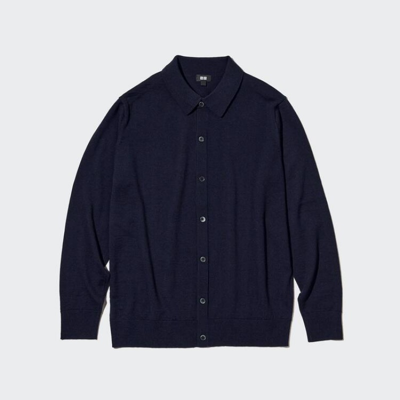 Uniqlo 100% Extra Fine Merino Collar Men's Jumpers Navy | NXAWMQ427