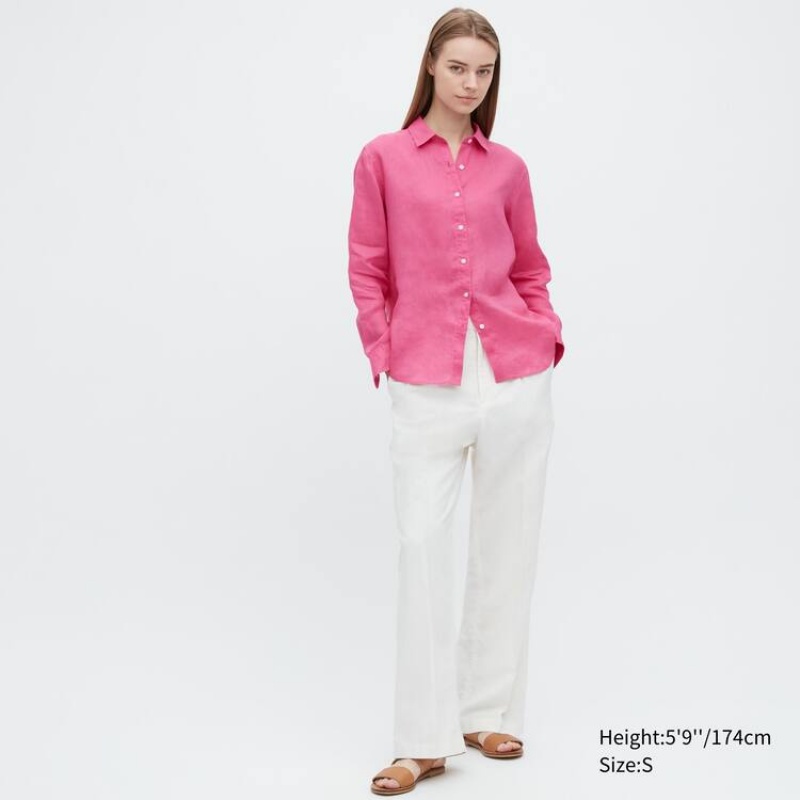 Uniqlo 100% Premium Linen Long Sleeved Women's Shirts Pink | XNRYZL165