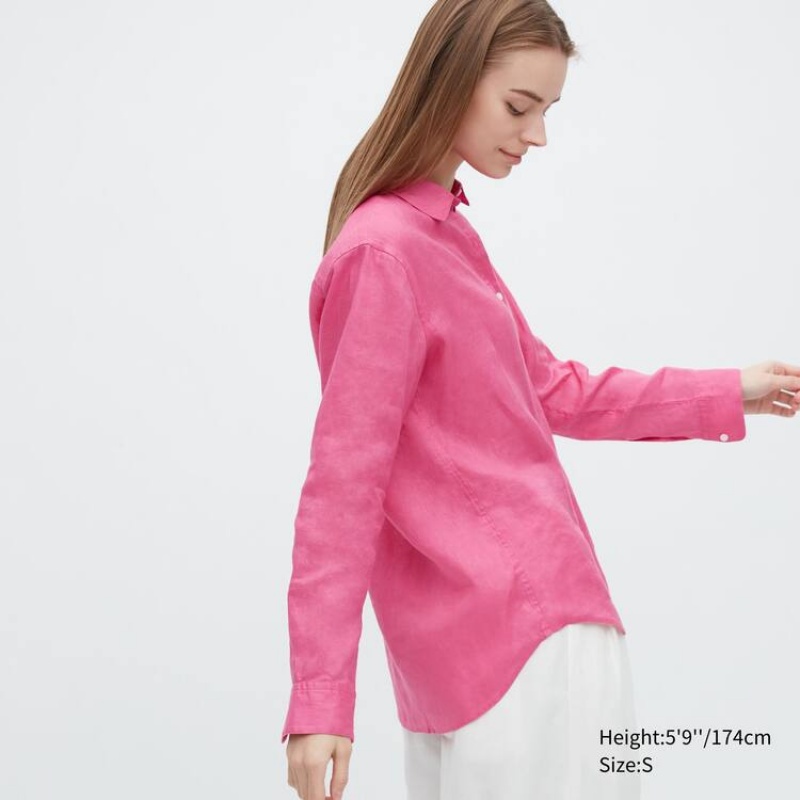 Uniqlo 100% Premium Linen Long Sleeved Women's Shirts Pink | XNRYZL165