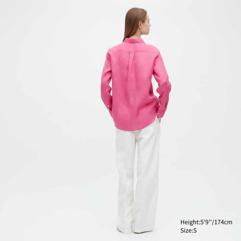 Uniqlo 100% Premium Linen Long Sleeved Women's Shirts Pink | XNRYZL165