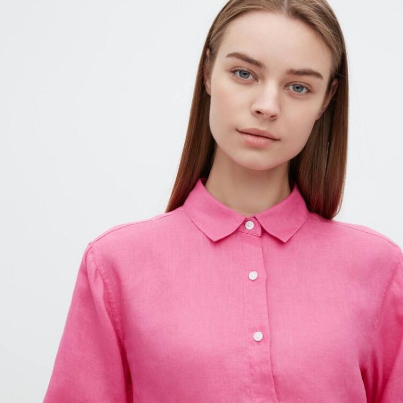 Uniqlo 100% Premium Linen Long Sleeved Women's Shirts Pink | XNRYZL165