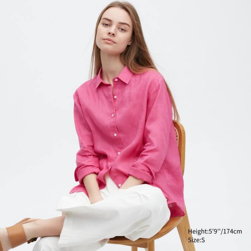 Uniqlo 100% Premium Linen Long Sleeved Women\'s Shirts Pink | XNRYZL165