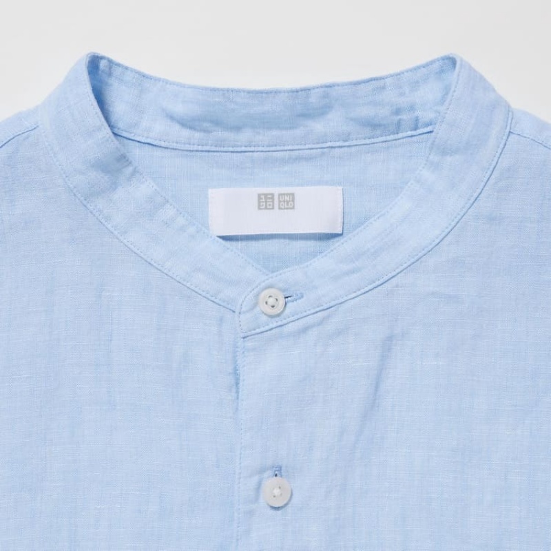 Uniqlo 100% Premium Linen Regular Fit (Grandad Collar) Men's Shirts Blue | WMLTPK981