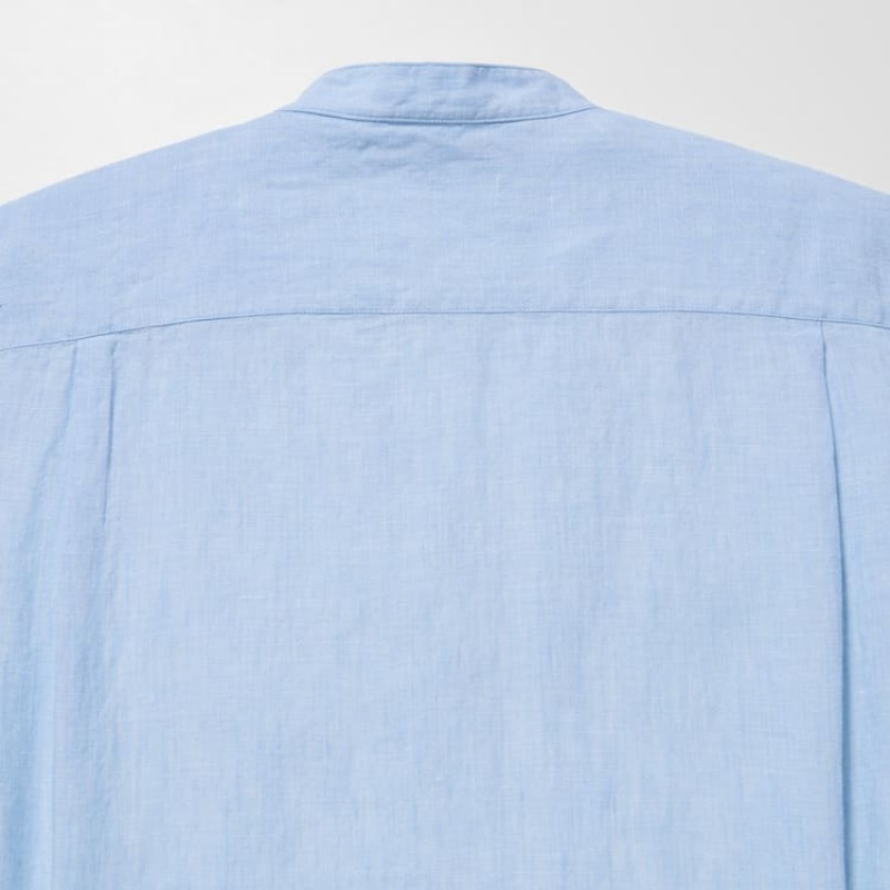 Uniqlo 100% Premium Linen Regular Fit (Grandad Collar) Men's Shirts Blue | WMLTPK981