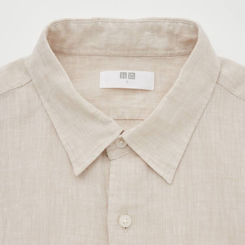 Uniqlo 100% Premium Linen Regular Fit (Regular Collar) Men's Shirts Beige | AIVYWO308