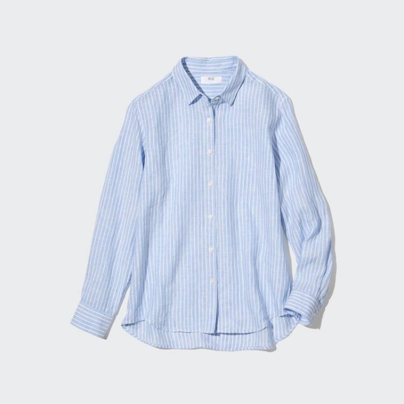 Uniqlo 100% Premium Linen Striped Long Sleeved Women's Shirts Light Blue | WVICBU840