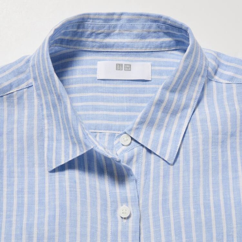 Uniqlo 100% Premium Linen Striped Long Sleeved Women's Shirts Light Blue | WVICBU840