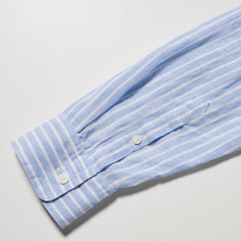 Uniqlo 100% Premium Linen Striped Long Sleeved Women's Shirts Light Blue | WVICBU840