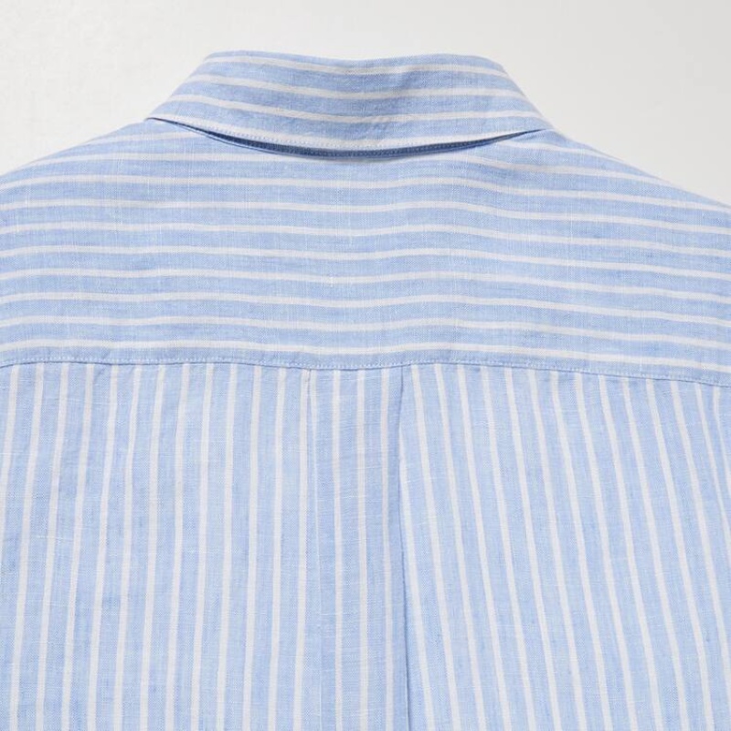 Uniqlo 100% Premium Linen Striped Long Sleeved Women's Shirts Light Blue | WVICBU840