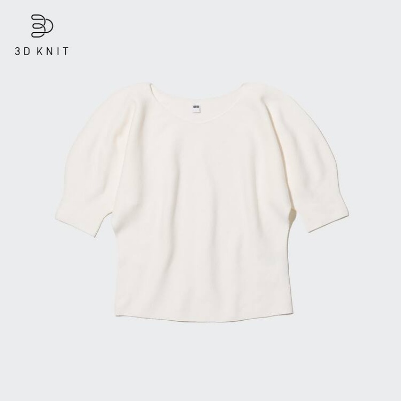 Uniqlo 3d Knit Seamless Cotton Volume Half Sleeved Women's Tops White | XDIRLY591