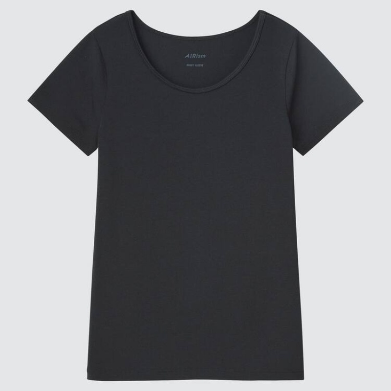 Uniqlo Airism Cotton Blend Scoop Neck Short Sleeved Kids' T Shirts Black | DYMIEZ930