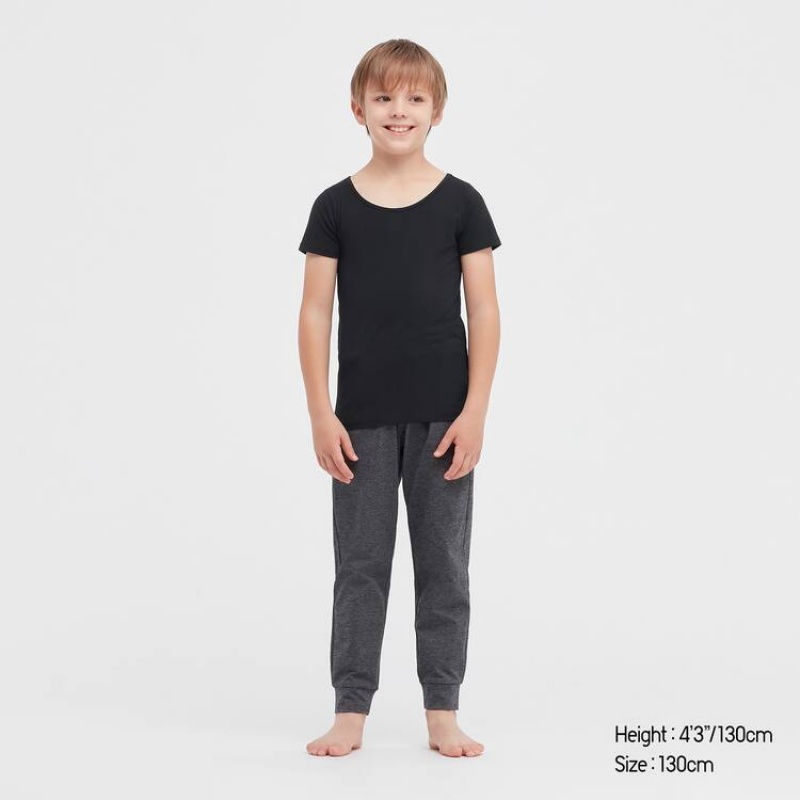 Uniqlo Airism Cotton Blend Scoop Neck Short Sleeved Kids' T Shirts Black | DYMIEZ930