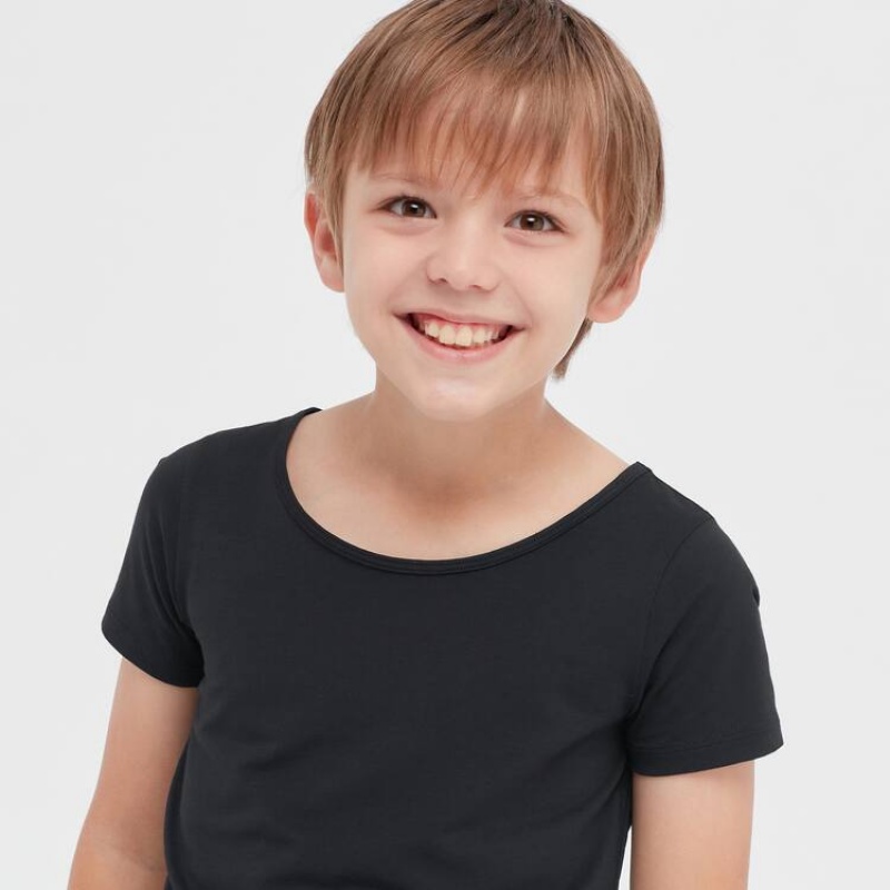 Uniqlo Airism Cotton Blend Scoop Neck Short Sleeved Kids' T Shirts Black | DYMIEZ930