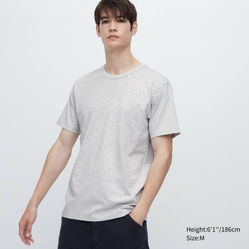 Uniqlo Airism Cotton Crew Neck Short Sleeved Men\'s T Shirts Grey | OMHPBK523