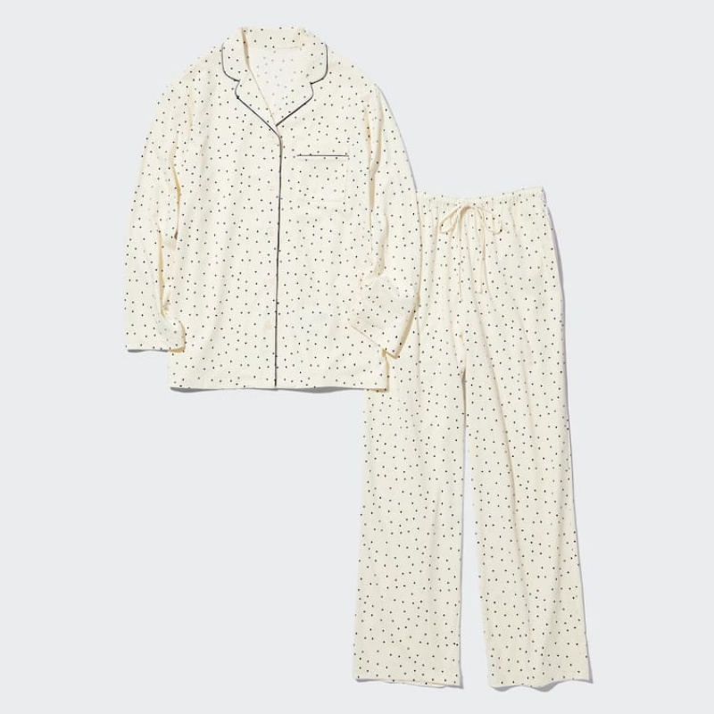 Uniqlo Airism Cotton Dotted Long Sleeved Women\'s Loungewear White | COMSQA283