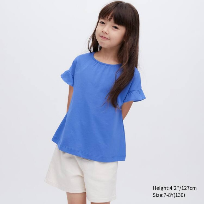 Uniqlo Airism Cotton Frill Sleeved Kids\' T Shirts Blue | VKJENS014