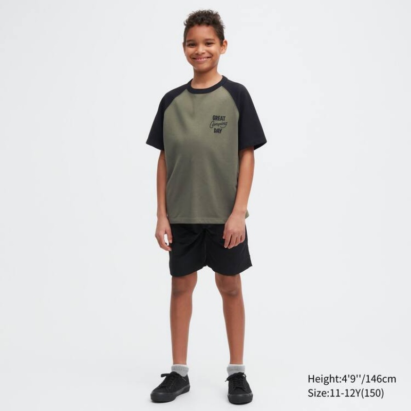 Uniqlo Airism Cotton Graphic Kids' T Shirts Olive | BZCVFD823