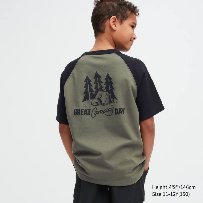 Uniqlo Airism Cotton Graphic Kids' T Shirts Olive | BZCVFD823