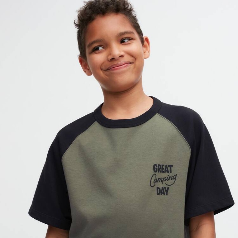 Uniqlo Airism Cotton Graphic Kids' T Shirts Olive | BZCVFD823