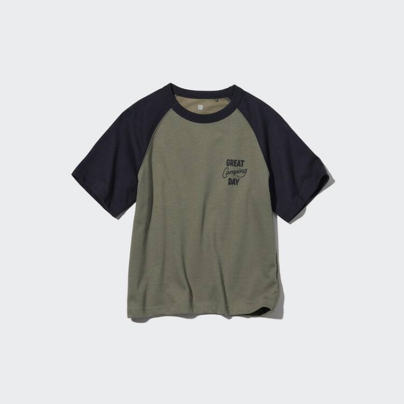 Uniqlo Airism Cotton Graphic Kids' T Shirts Olive | BZCVFD823