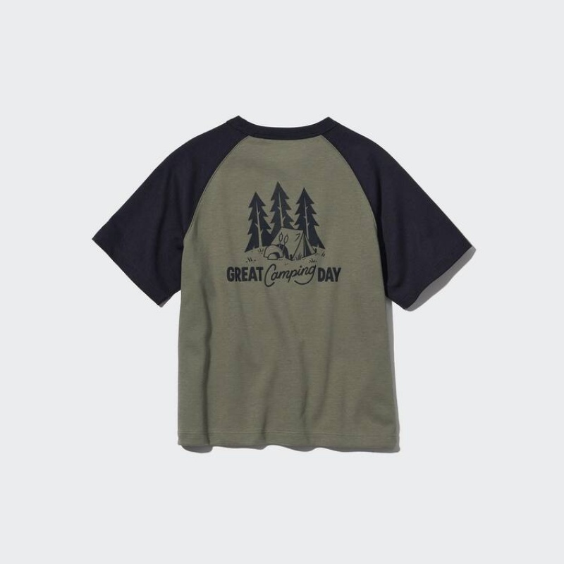 Uniqlo Airism Cotton Graphic Kids' T Shirts Olive | BZCVFD823