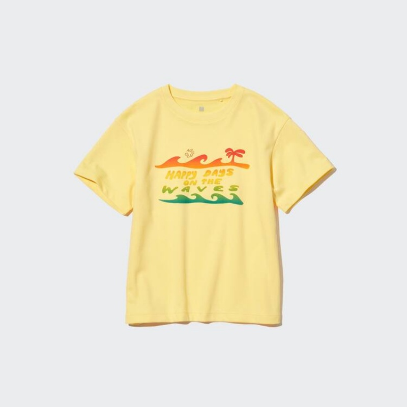 Uniqlo Airism Cotton Graphic Short Sleeved Kids' T Shirts Yellow | ZKPSVX765